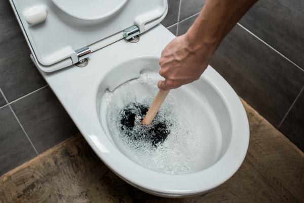 plumber using plunger in toilet bowl