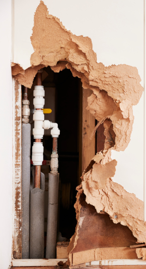 Damaged wall exposing burst water pipes after flood